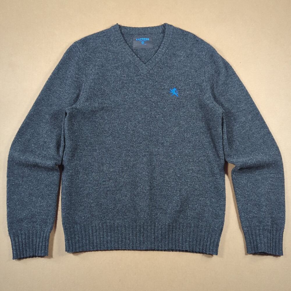 Vintage 2006 Express Lambswool V-Neck Lightweight Sweater Mens S Gray Preppy Ivy